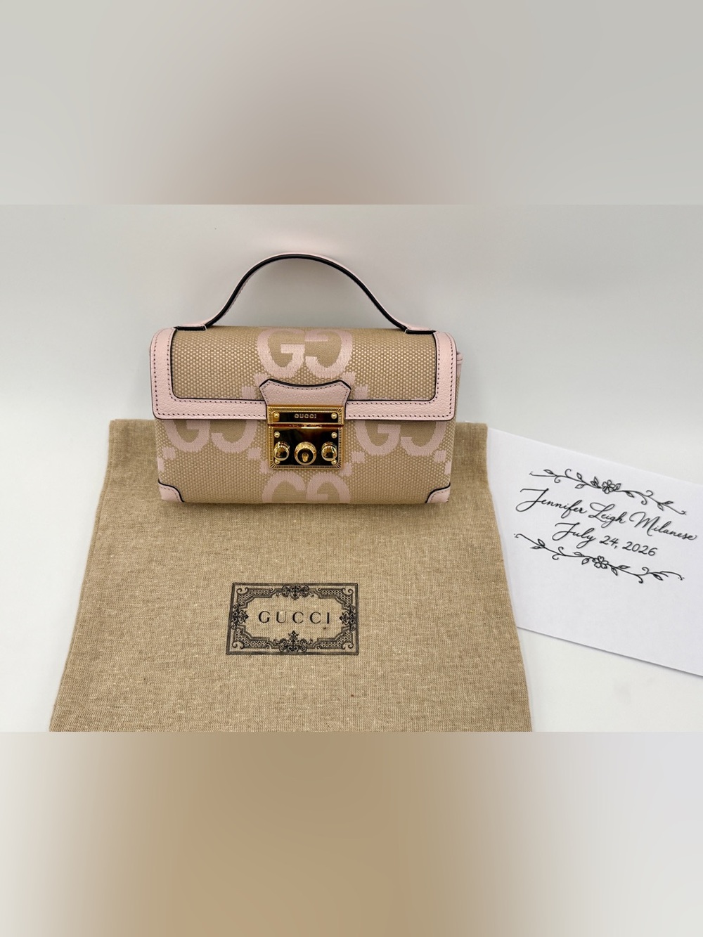Gucci Padlock Jumbo GG Mini Calfskin Top Handle Shoulder Bag Perfect Pink /Beige
